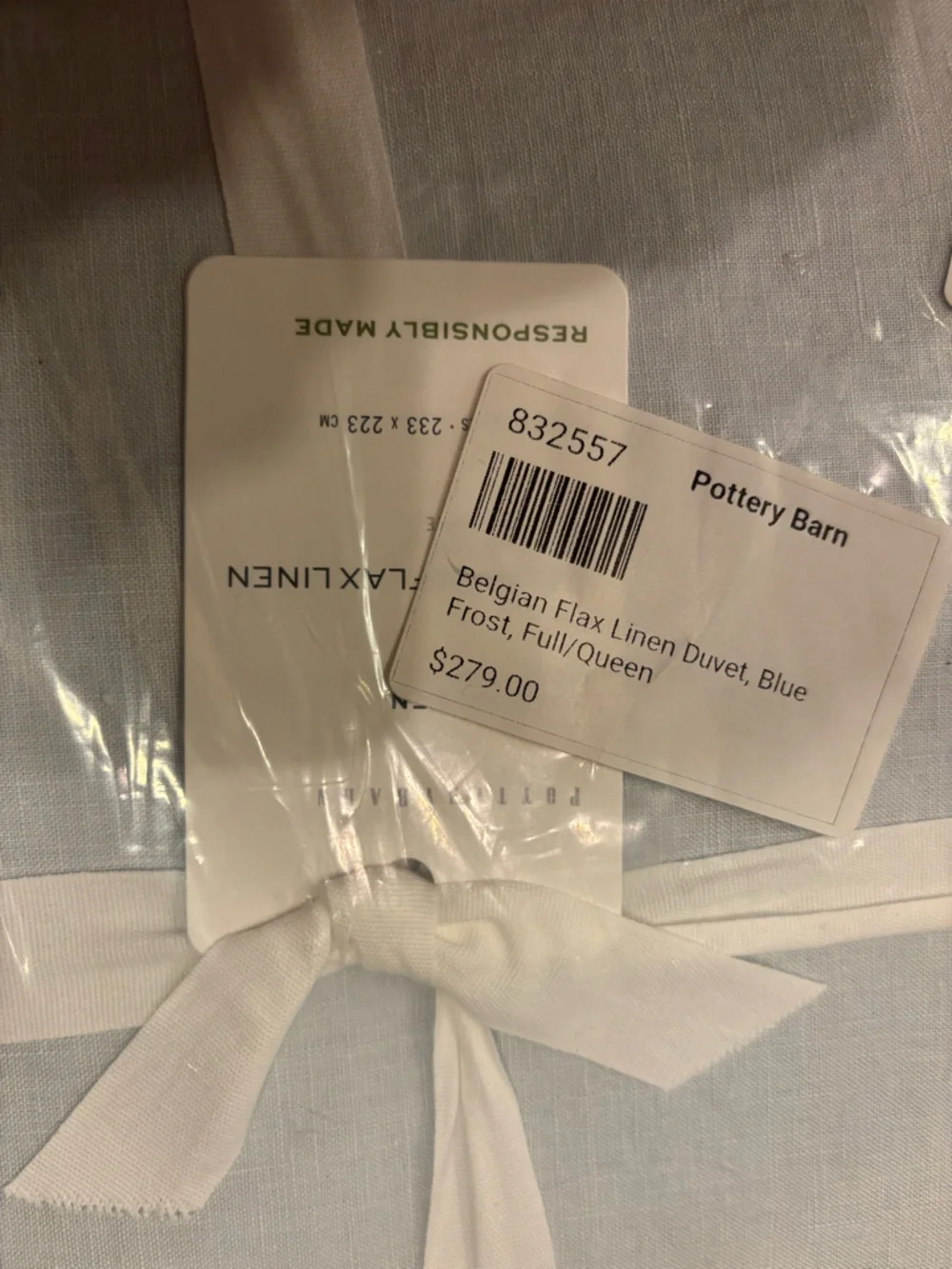 Pottery Barn Light Blue Linen-Cotton Blend Duvet Cover